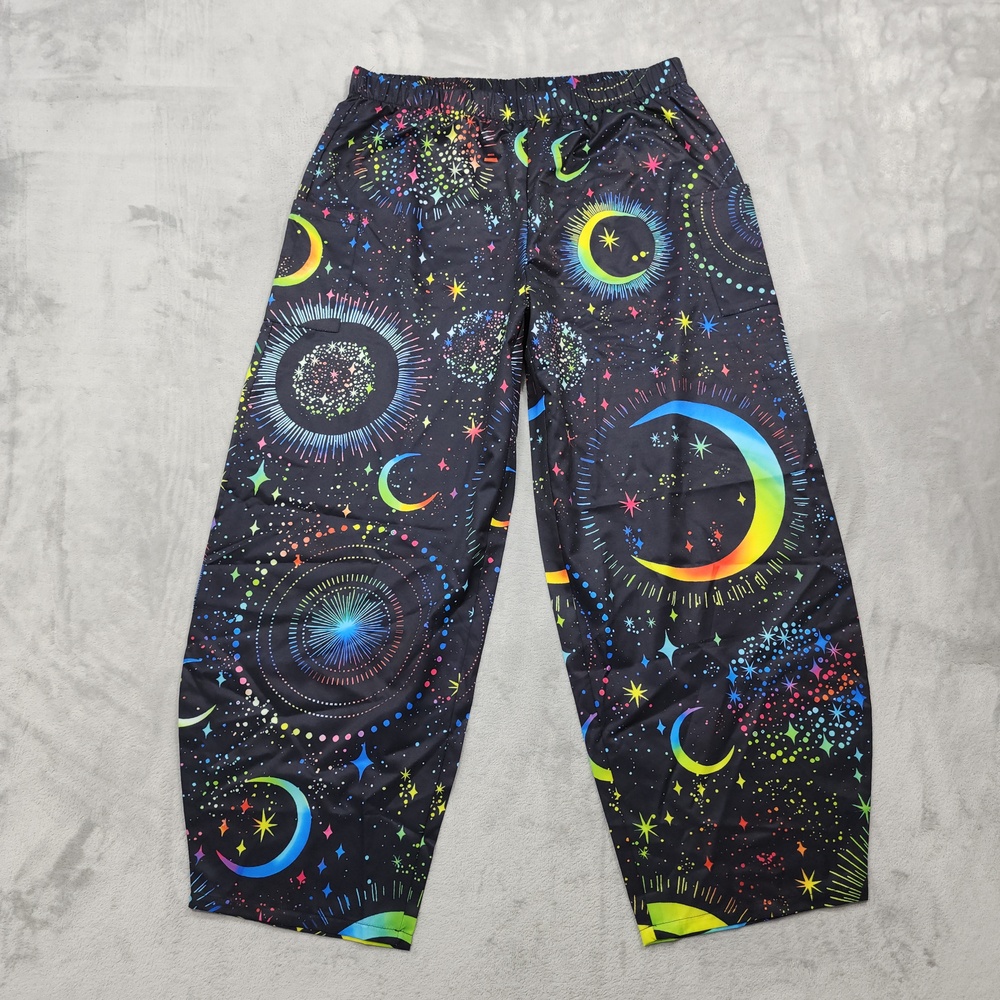Galaxy Space Pants Womens 1XL Black Wide Barrel Leg Star Moon Celestial Casual